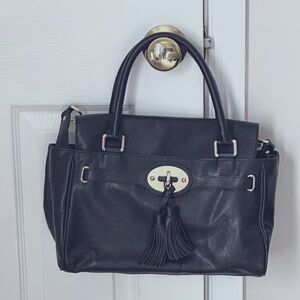 Talbots Black Leather Tassel 2 Ways Turnlock Closure Satchel Shoulder Bag
